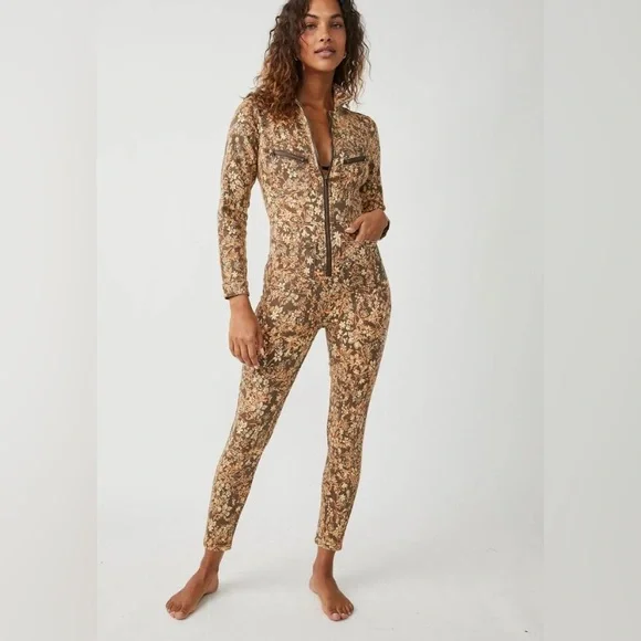 NWT Free People Lennox Printed Jumpsuit Cappuccino Combo Size Small